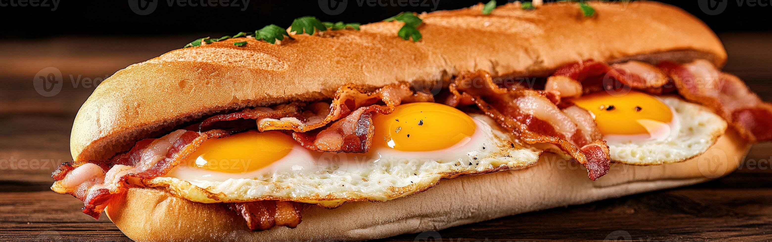 Delicious breakfast sandwich with eggs and bacon on a wooden table photo