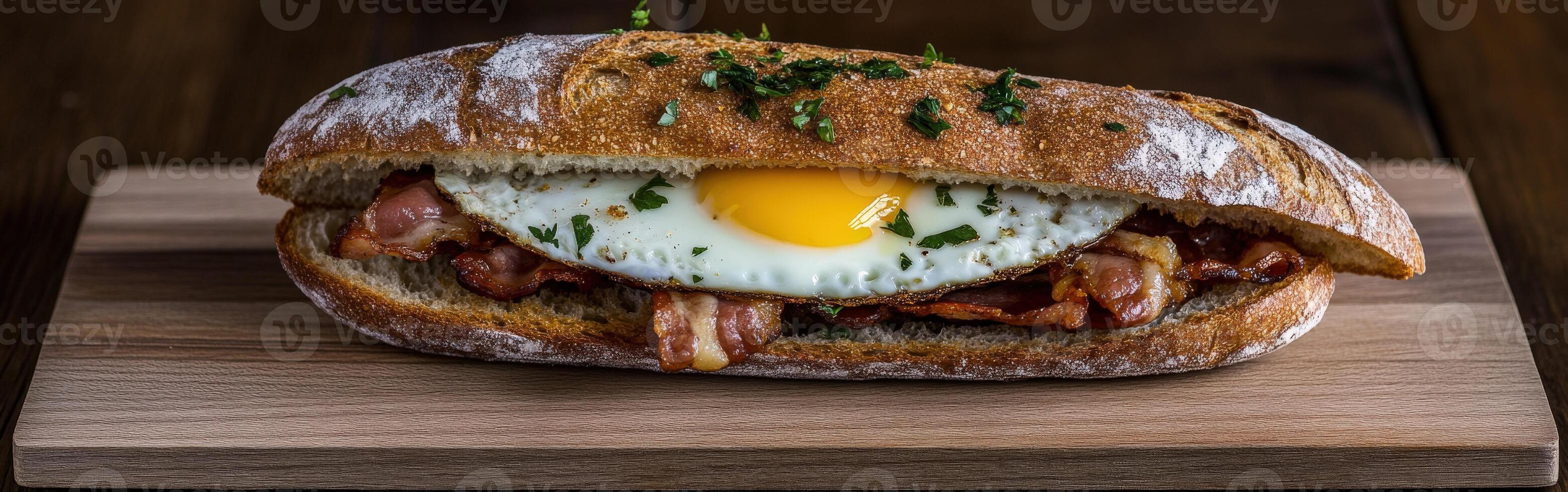 Gourmet sandwich with bacon and fried egg on rustic bread photo