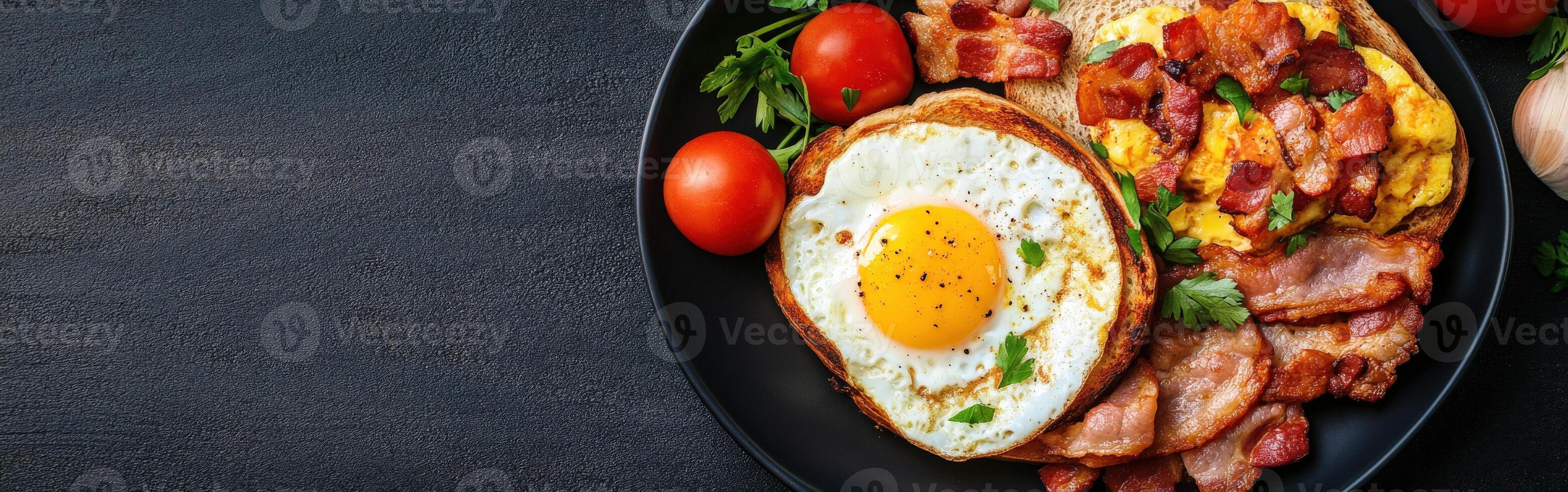Delicious breakfast platter with eggs, bacon, and tomatoes served hot photo