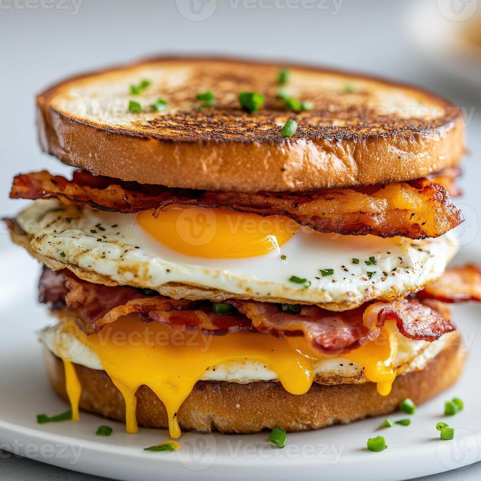 Stacked breakfast sandwich with bacon, egg, and toast served on a plate photo