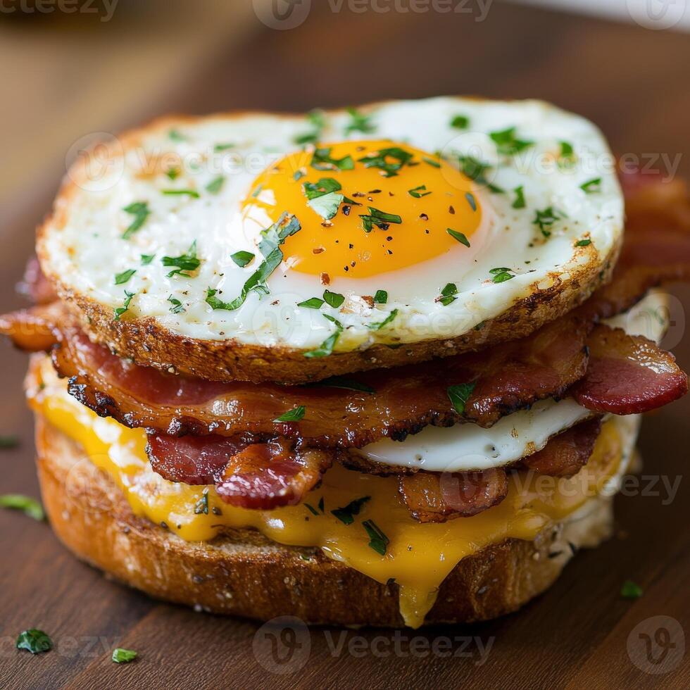 Delicious breakfast sandwich with bacon and fried egg on toasted bread photo