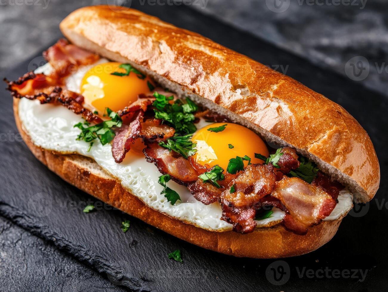 Breakfast sandwich with fried eggs and crispy bacon on a dark slate photo