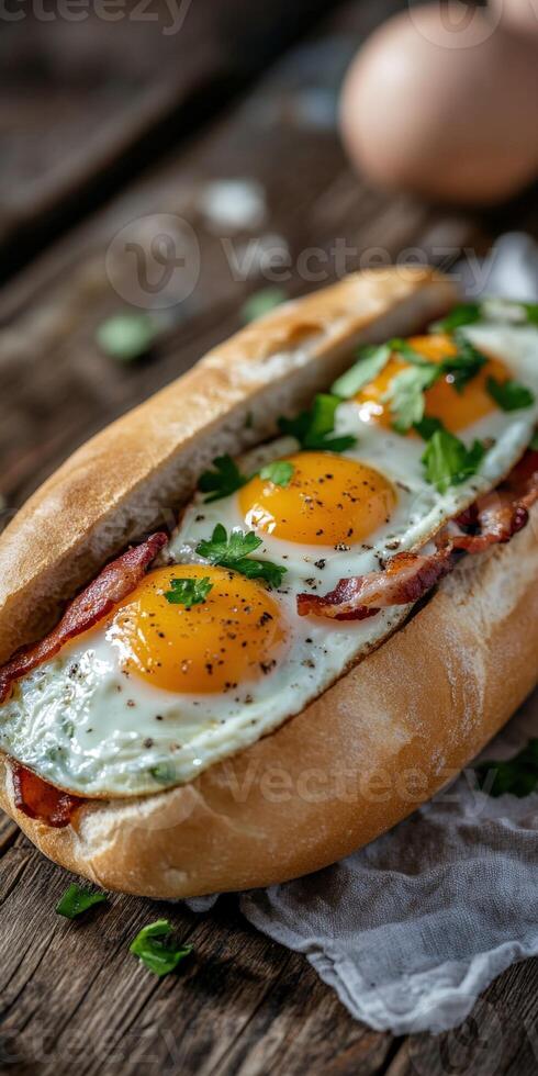Breakfast sandwich with eggs, bacon, and herbs on wooden table photo