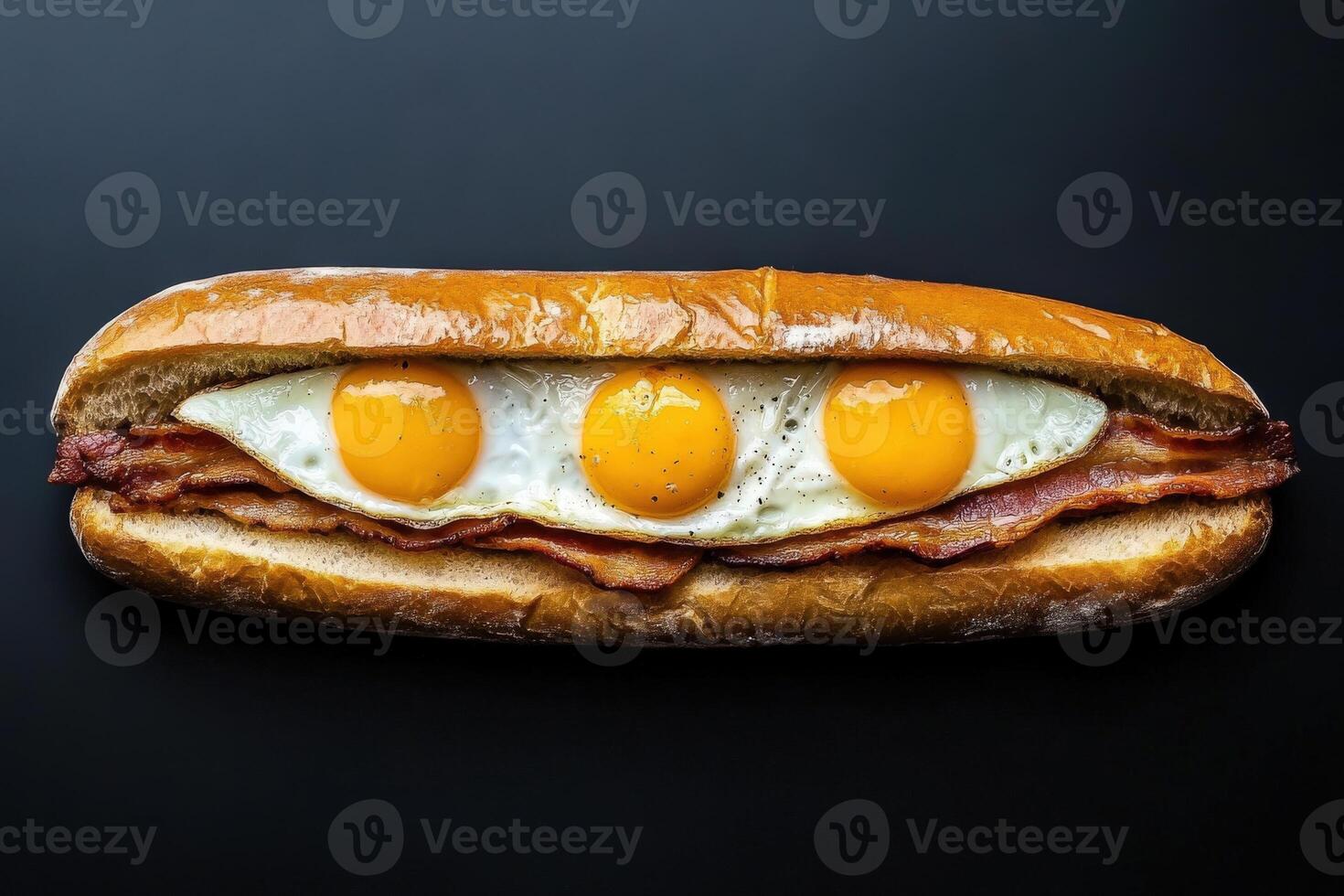 Breakfast sandwich with eggs and bacon on a dark background photo