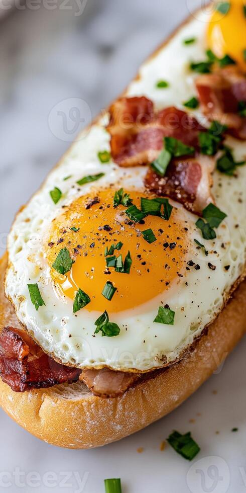 Delicious breakfast sandwich with sunny side up eggs and bacon photo