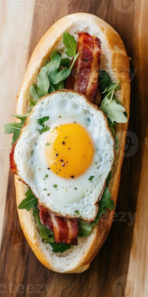 Delicious breakfast sandwich with fried egg and bacon on a wooden board photo