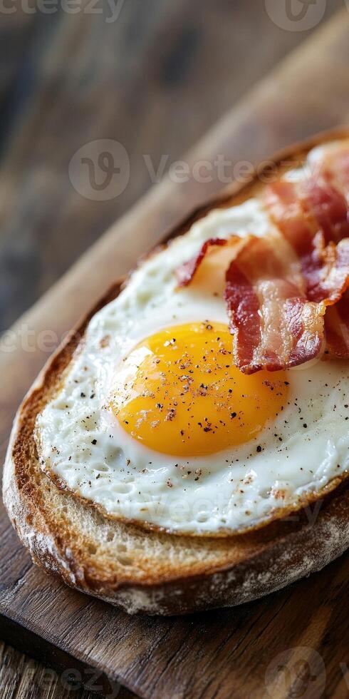 Perfectly cooked egg on toast with crispy bacon for breakfast photo
