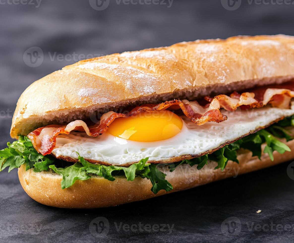 Breakfast sandwich with bacon, egg, and fresh lettuce on a baguette photo