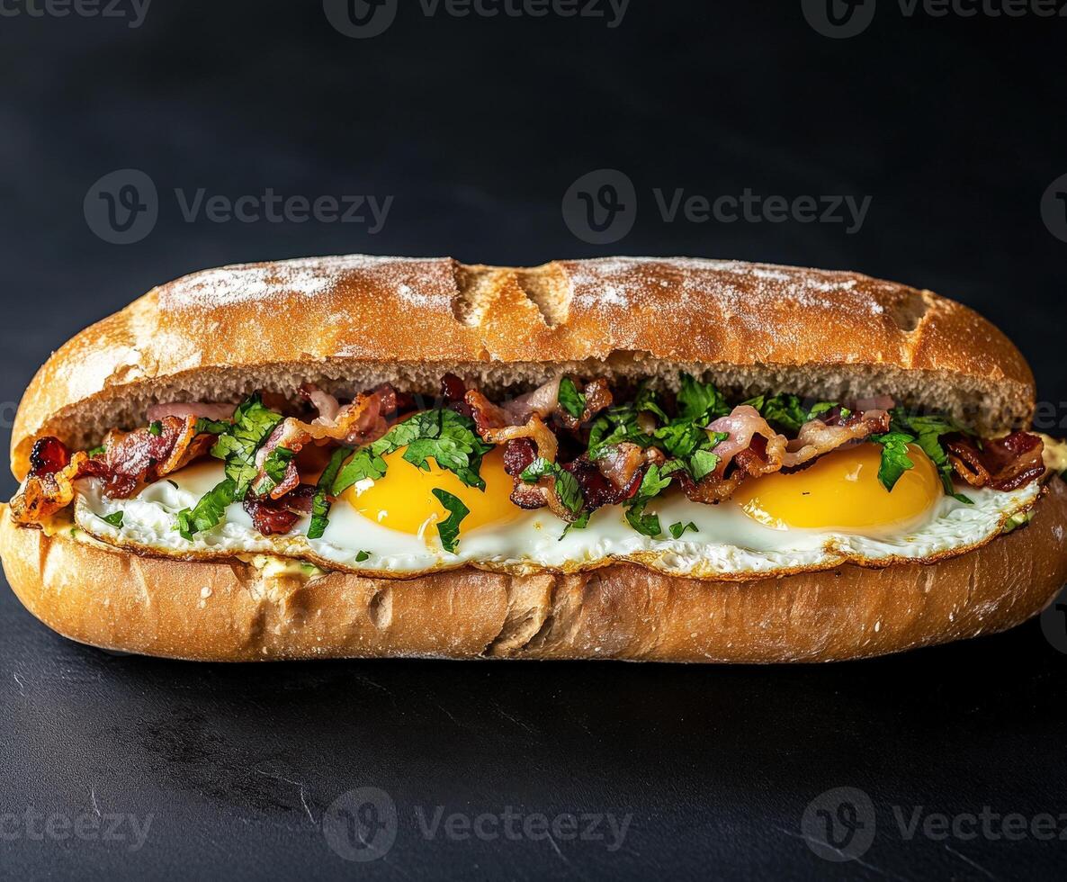 Breakfast sandwich with crispy bacon and fried eggs on rustic bread photo