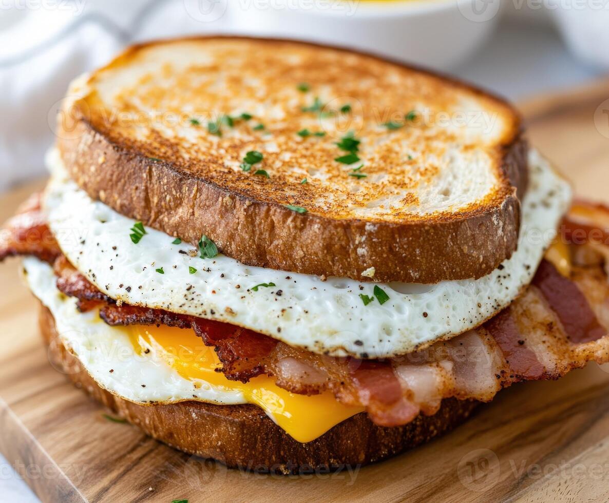 Delicious breakfast sandwich with bacon, eggs, and cheese on toasted bread photo