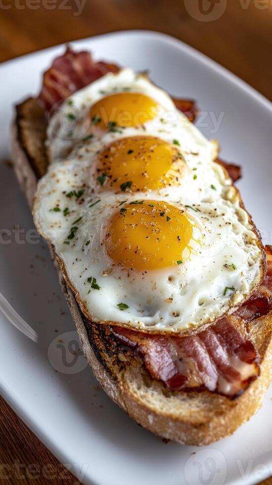 Breakfast toast with fried eggs and crispy bacon served on a white plate photo