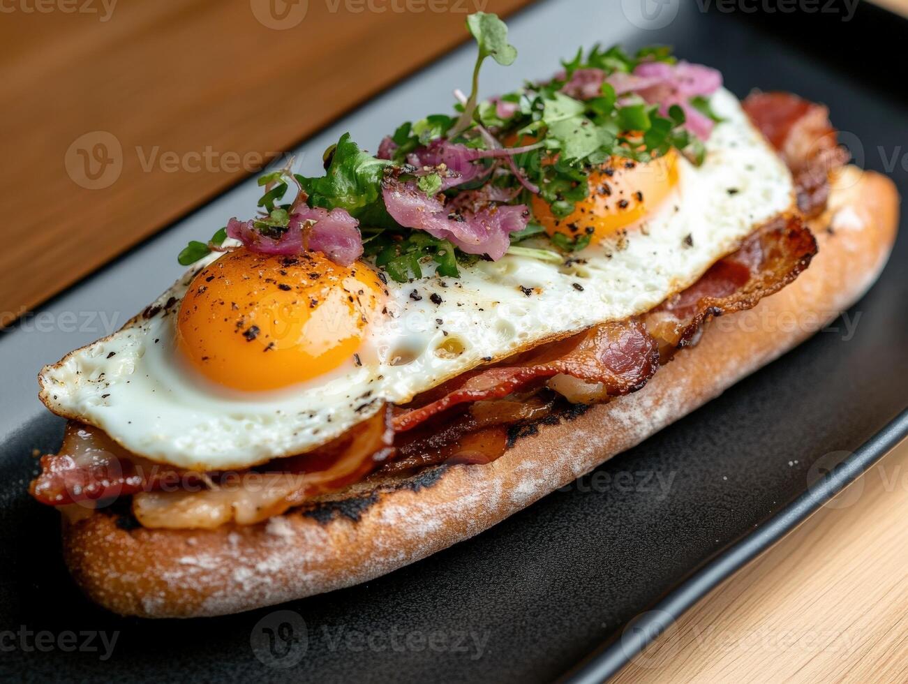 Delicious breakfast sandwich with eggs and bacon on a wooden table photo