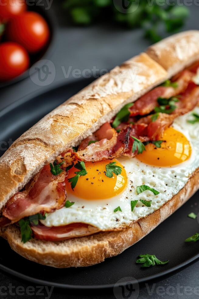Delicious breakfast sandwich with eggs and bacon on crusty bread photo
