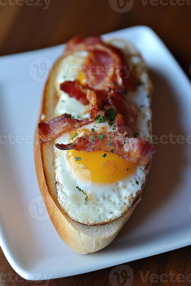 Delicious open-faced sandwich with fried egg and crispy bacon photo