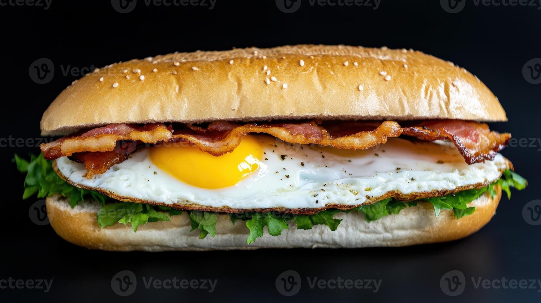 Delicious bacon and egg sandwich with fresh greens on a sesame bun photo