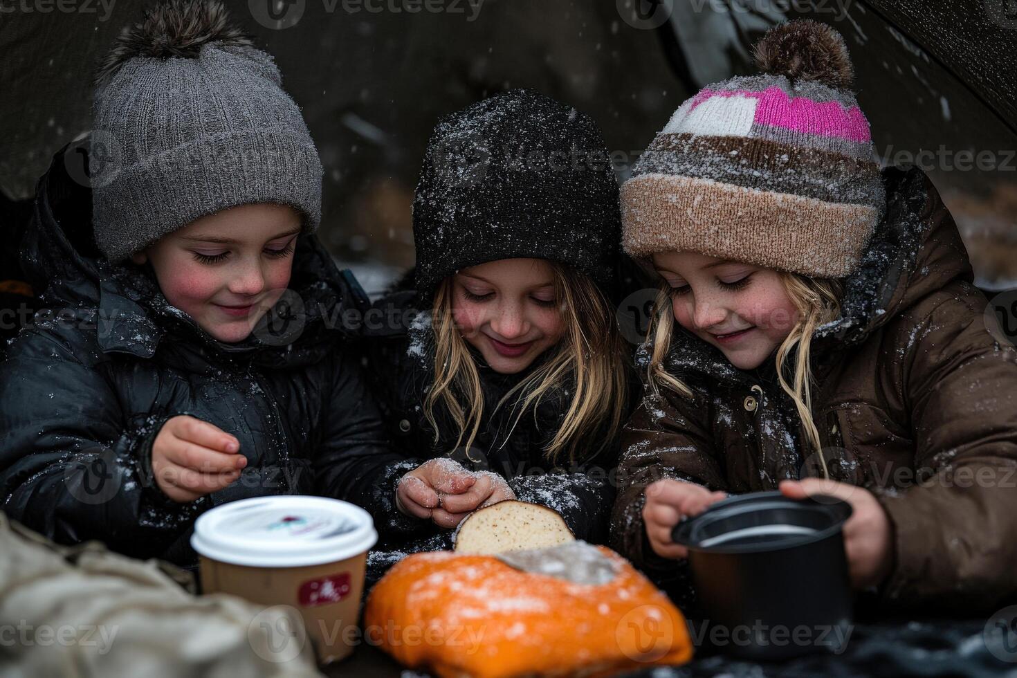 Kids enjoying a snowy day while camping in the woods photo