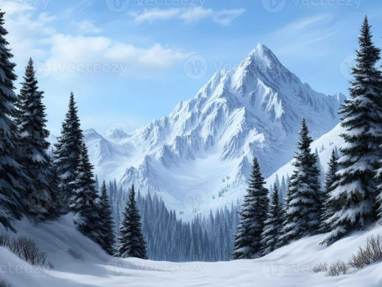 Snowy mountain landscape with evergreen trees and blue sky photo