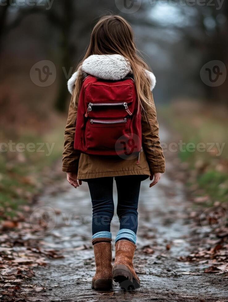 Child walking on a forest path in autumn with a backpack photo