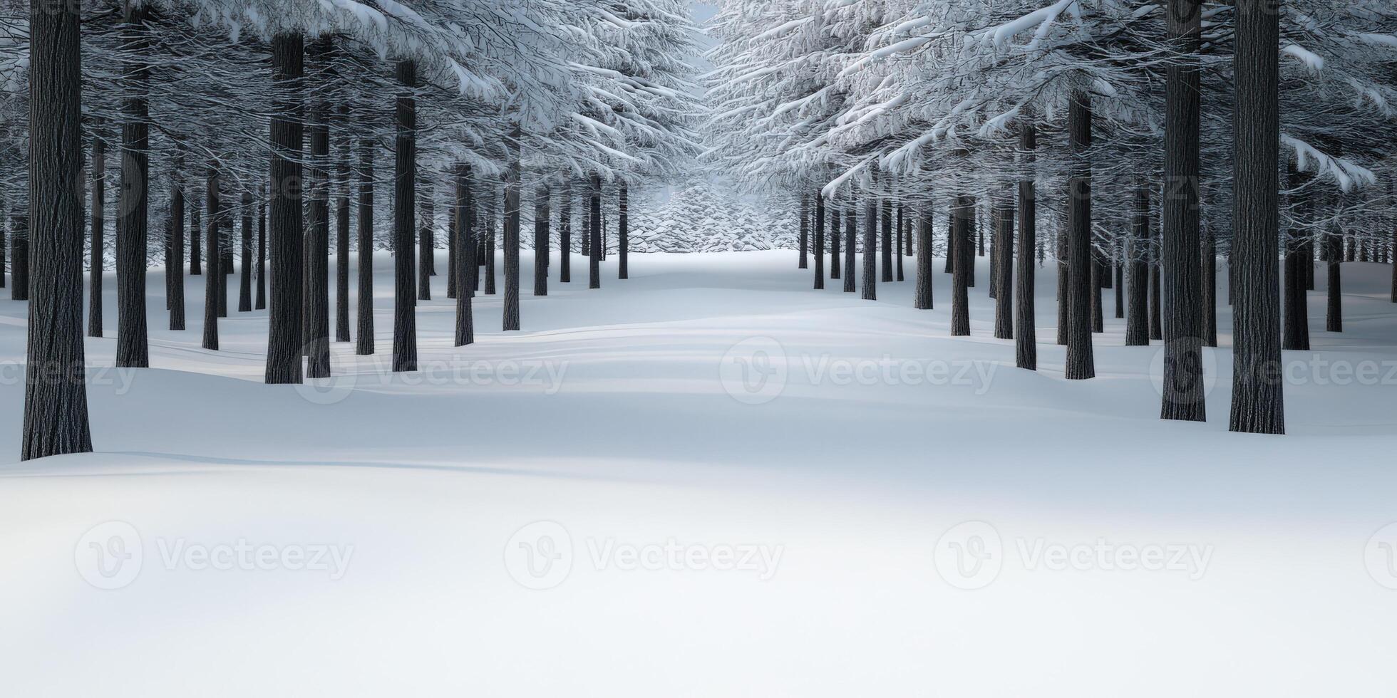 Snowy forest landscape with tall trees in winter season photo