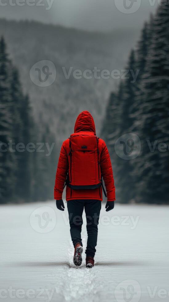 Person walks through snowy landscape in winter forest photo