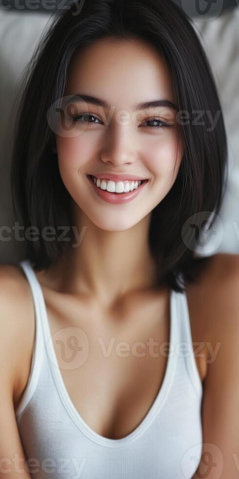 Smiling young woman with long dark hair in casual attire photo
