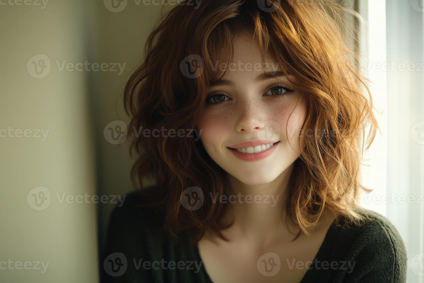 Young woman with wavy hair smiles warmly by the window photo