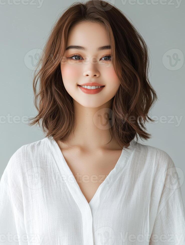 Portrait of a smiling young woman wearing a white blouse photo