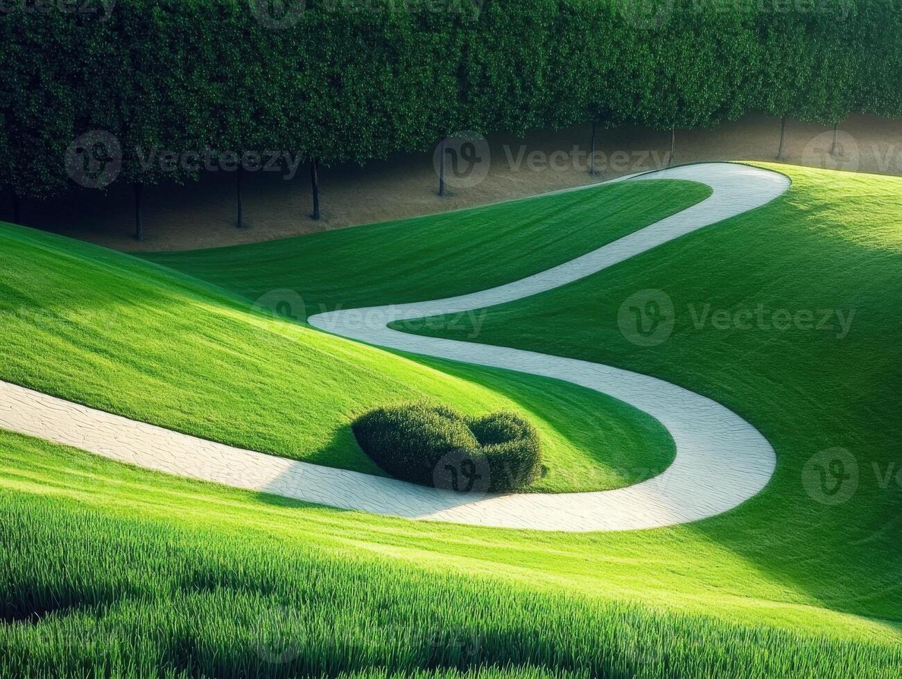 Beautifully manicured garden path winding through lush greenery photo