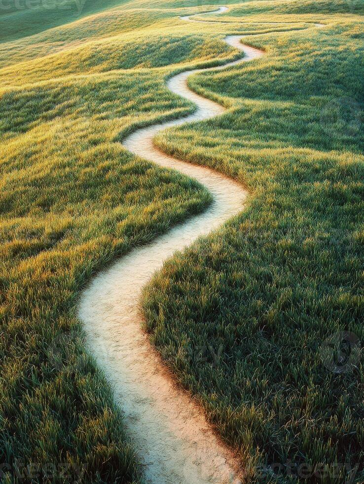 Winding path through lush green fields at sunset photo