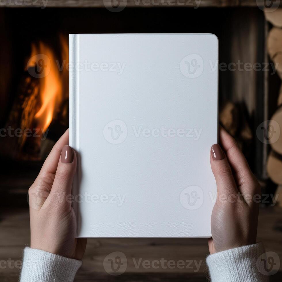 Hands holding a blank notebook by a cozy fireplace photo