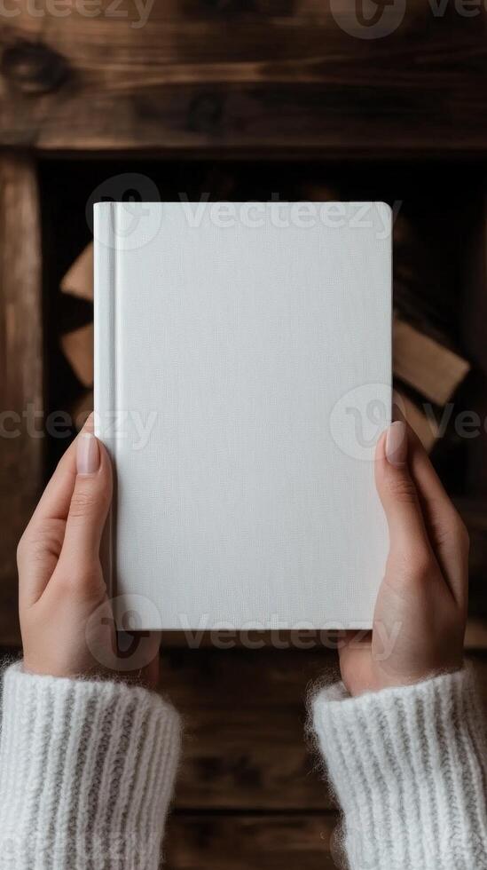Hands holding a blank white notebook near a cozy fireplace photo