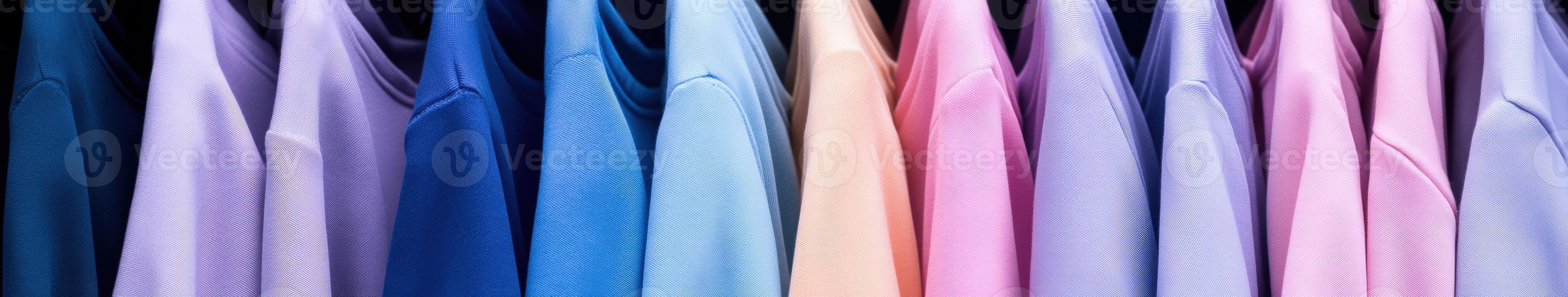 Colorful shirts hanging neatly in a clothing display photo