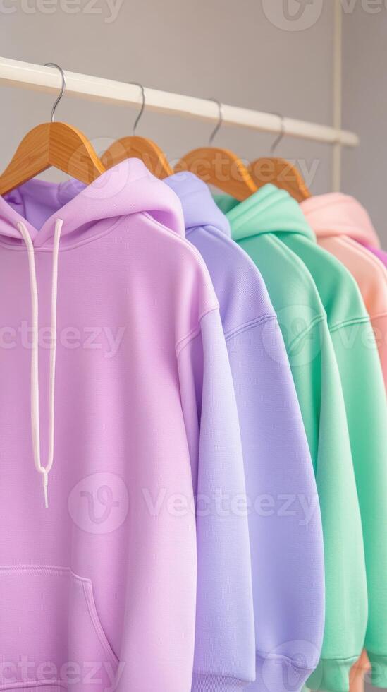 Colorful hoodies hanging on a rack in a fashion store photo