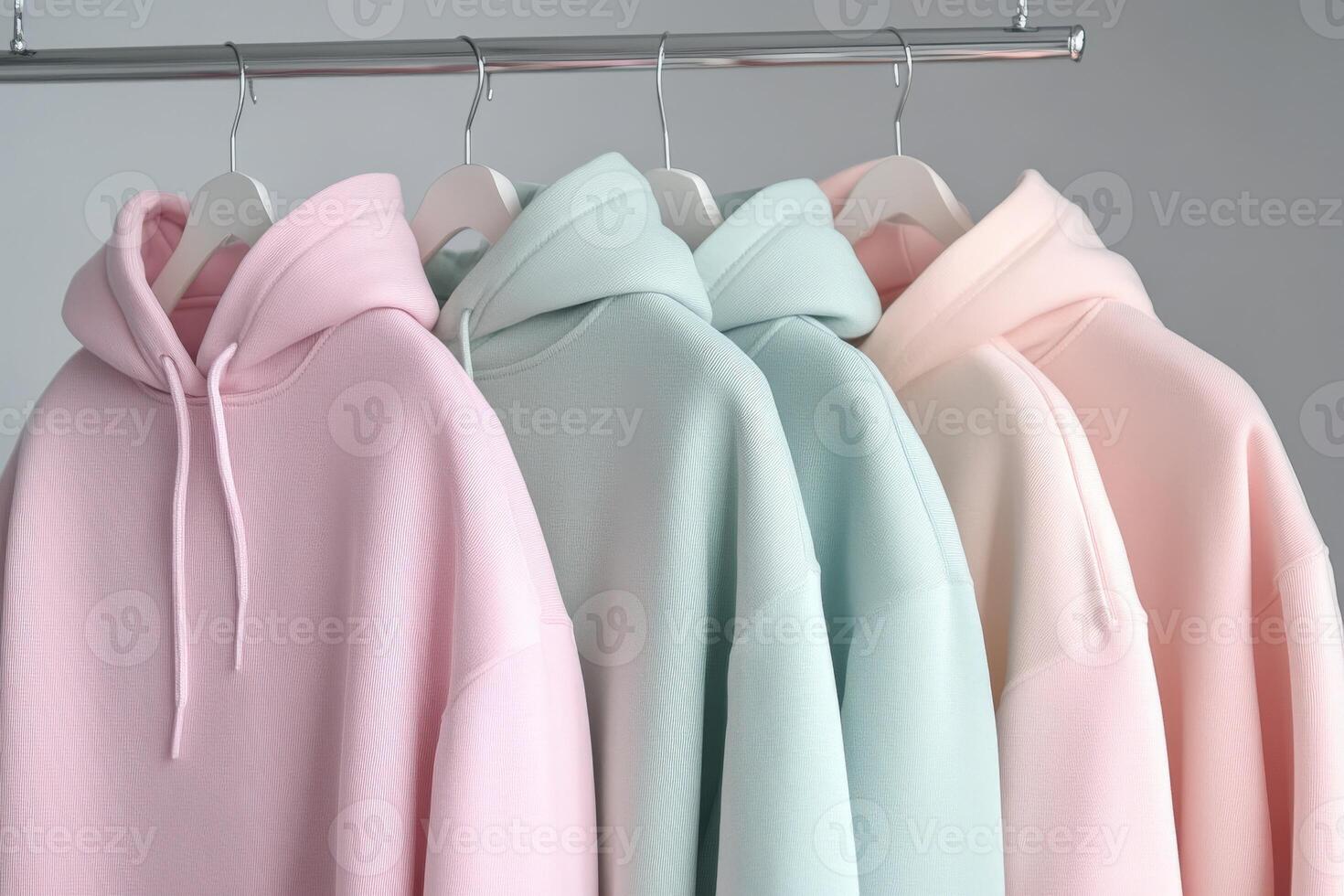 Stylish pastel hoodies hanging on a rack in a modern setting photo
