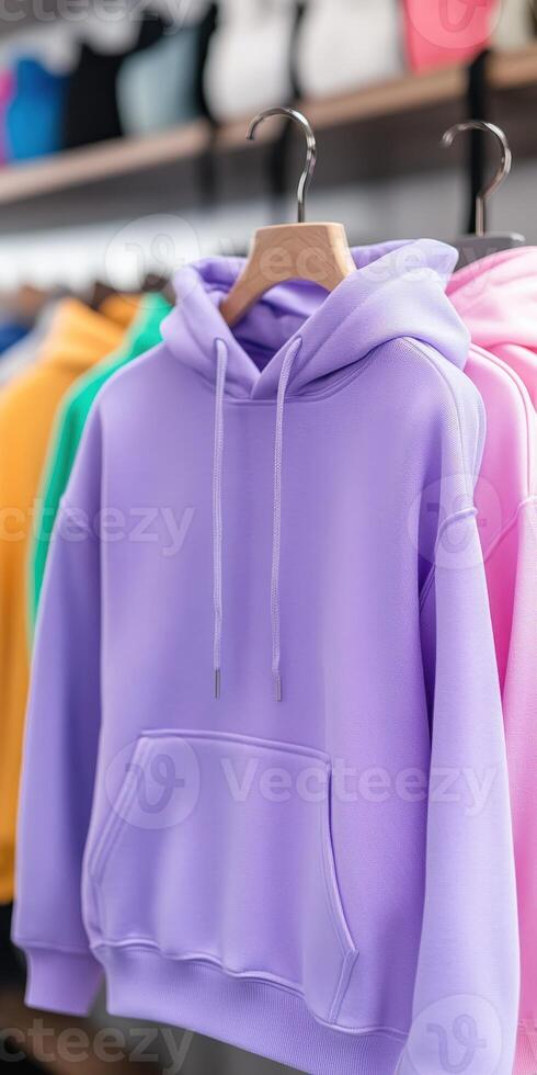 Colorful hoodies displayed in a trendy retail store photo