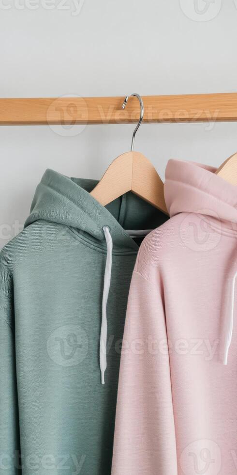 Cozy hoodies displayed on wooden hanger in soft colors photo