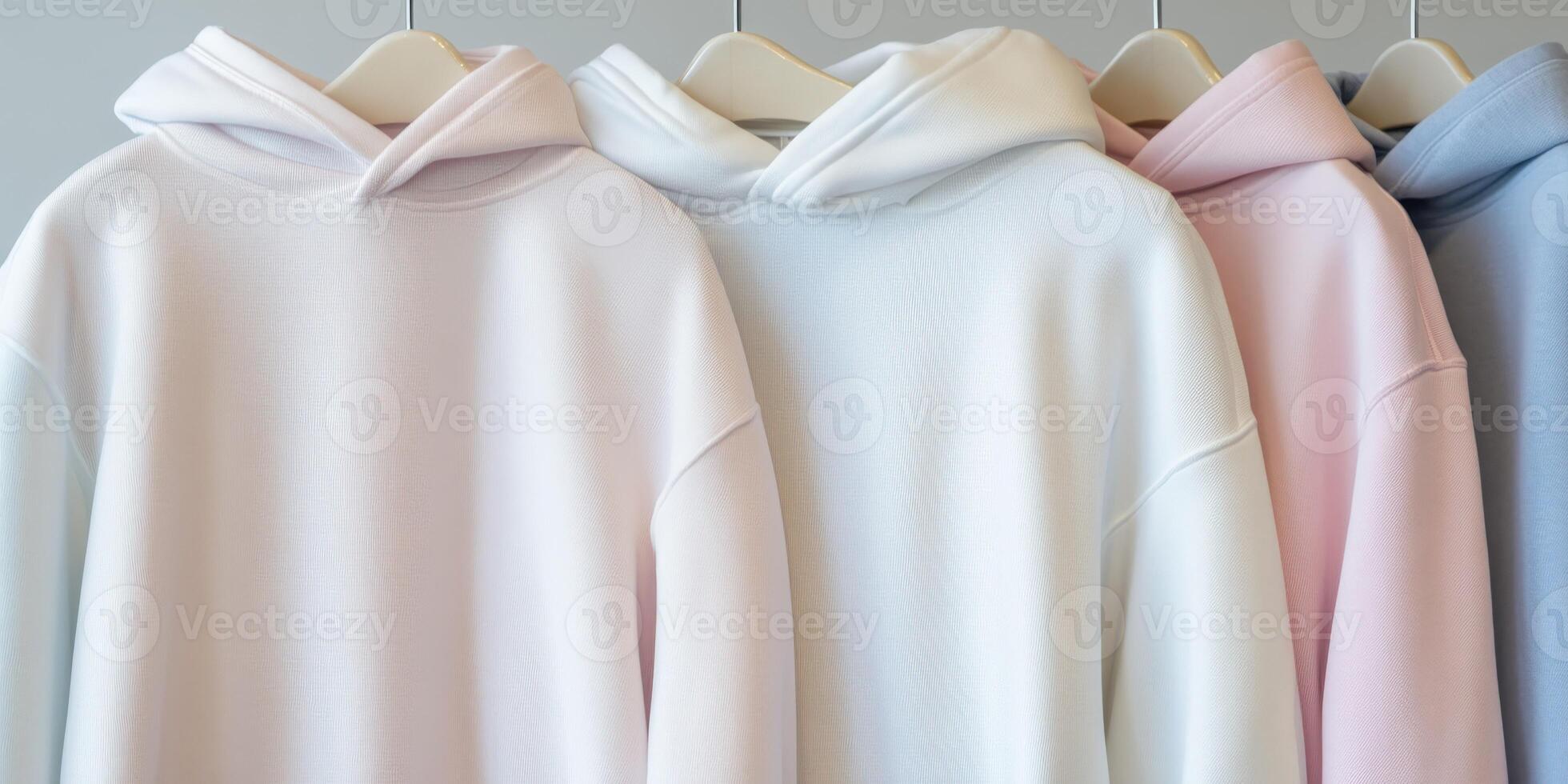 Soft hoodies in pastel colors displayed on hangers photo