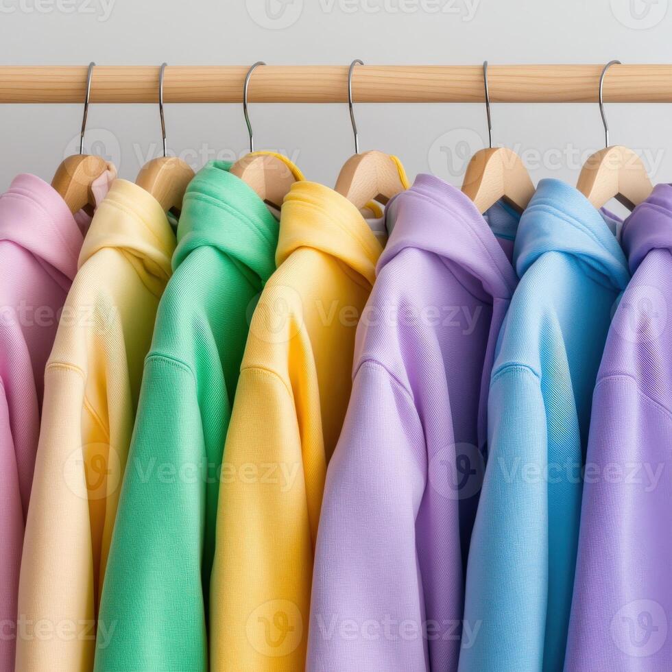 Colorful hoodies hanging on a wooden rack in a cozy setting photo