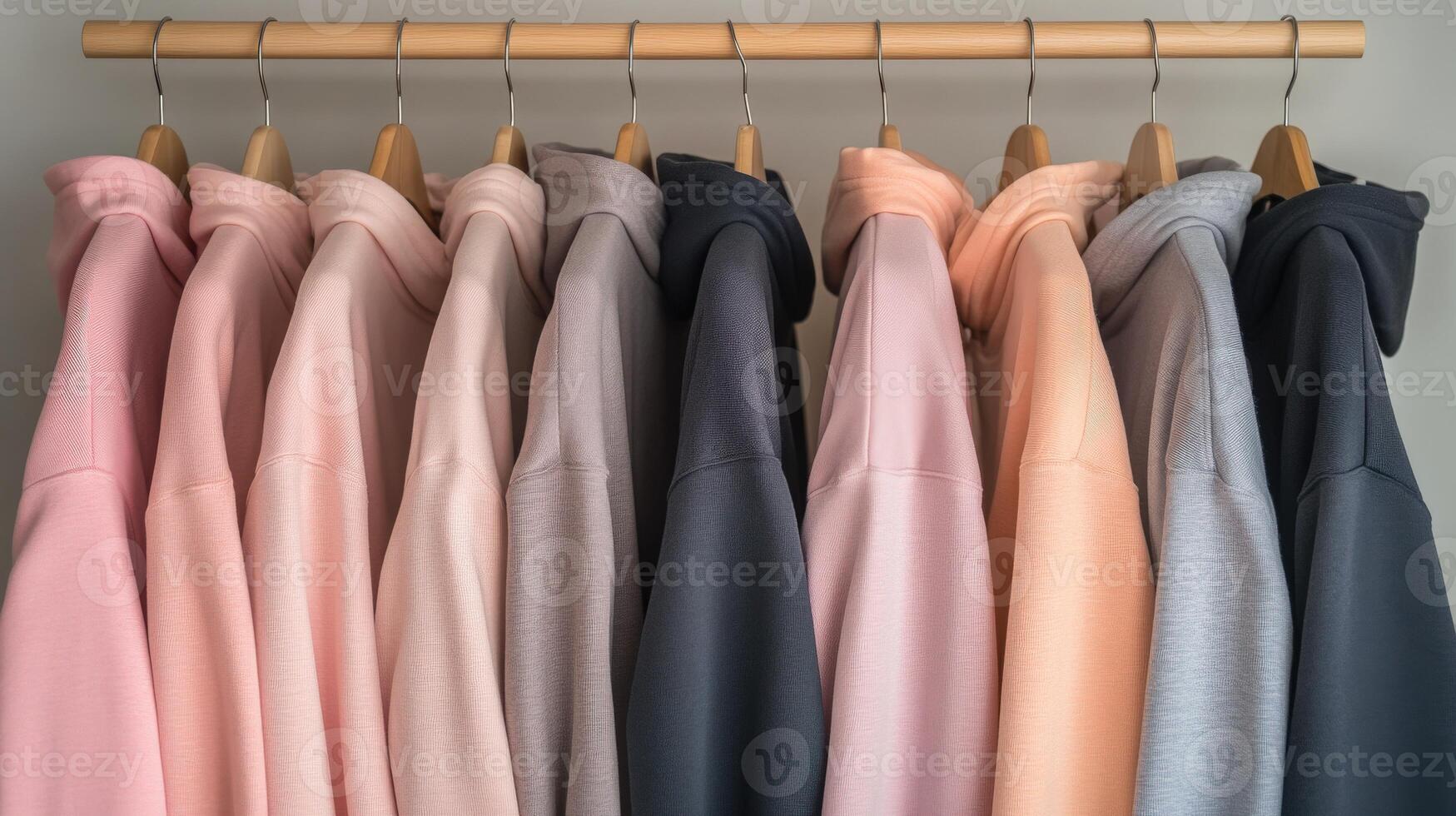 Colorful hoodies hanging on a rack in a modern wardrobe photo