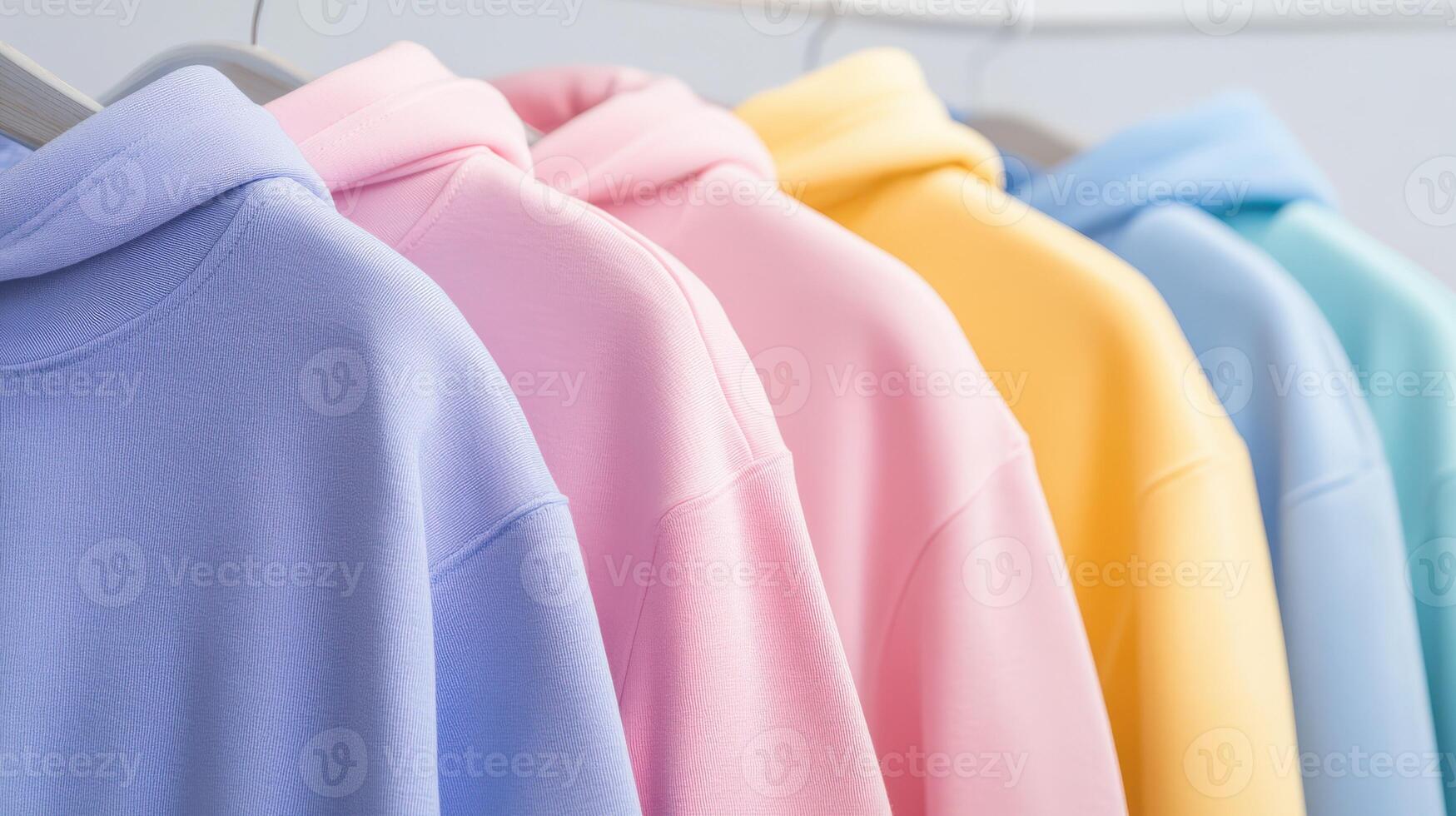 Colorful sweatshirts hanging on display in a boutique photo