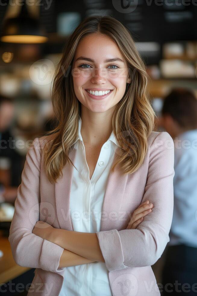 Young woman smiling in a cafe during the afternoon photo