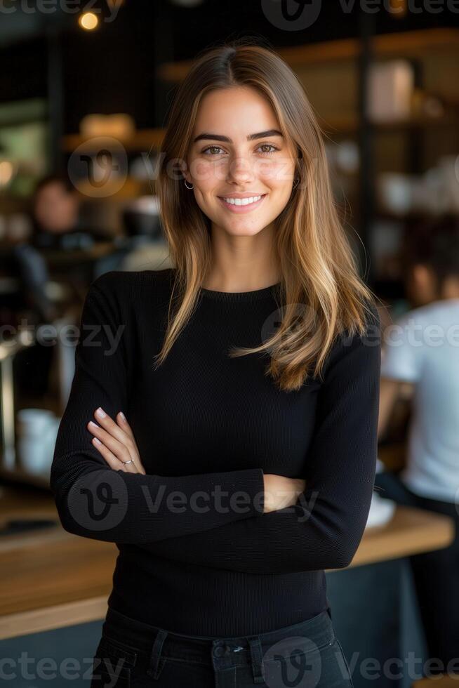Confident young woman smiling in a modern cafe setting photo
