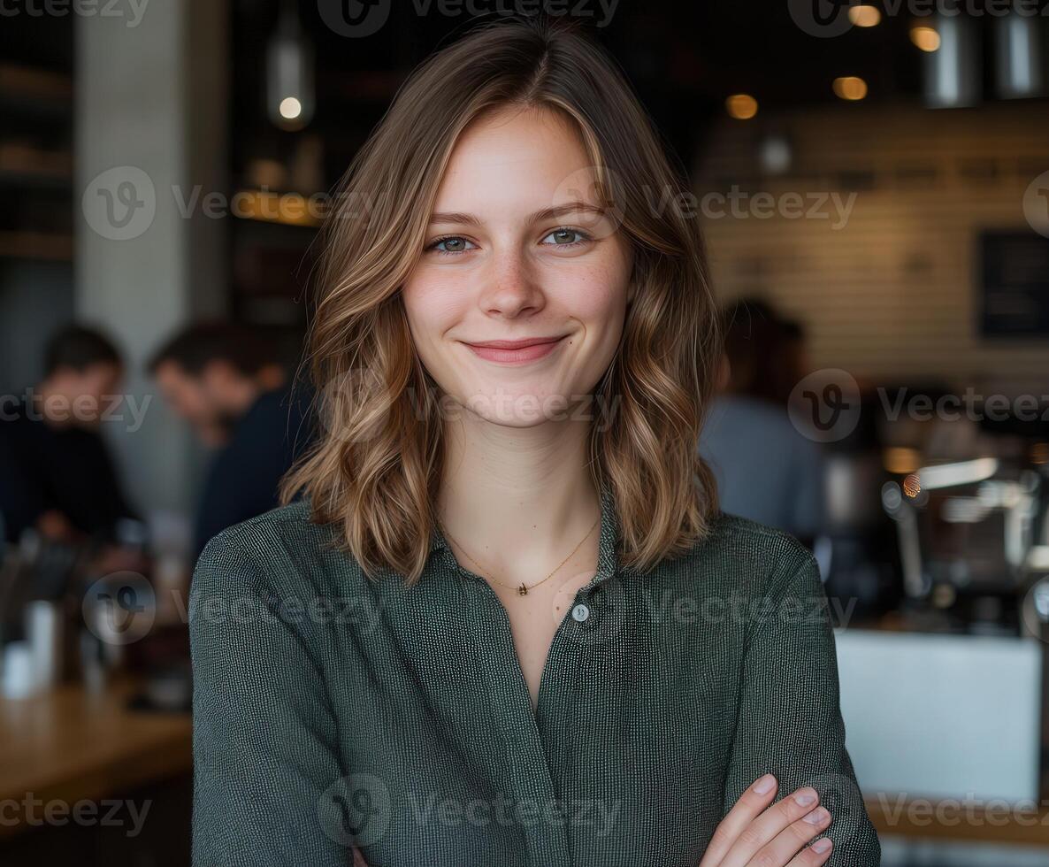 Young woman smiles confidently in a cozy cafe setting photo