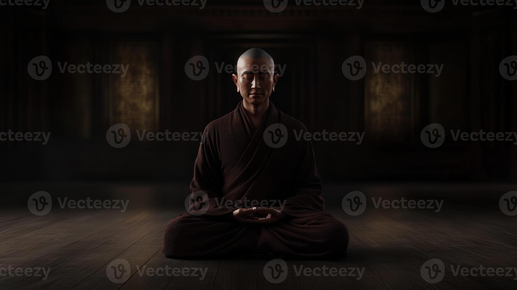 Meditating monk in tranquil dark space at dusk photo