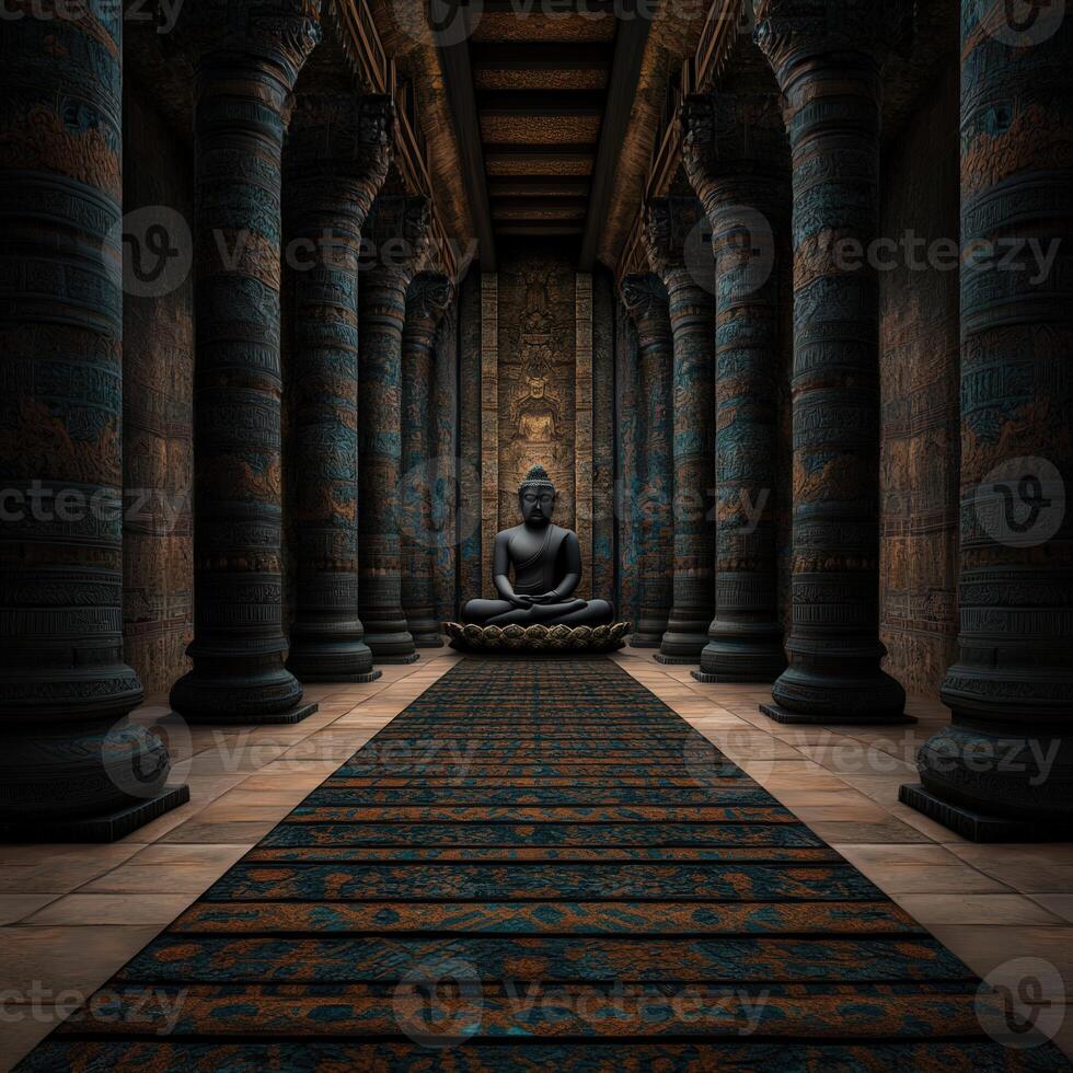 Buddha statue in a serene temple corridor with intricate design photo