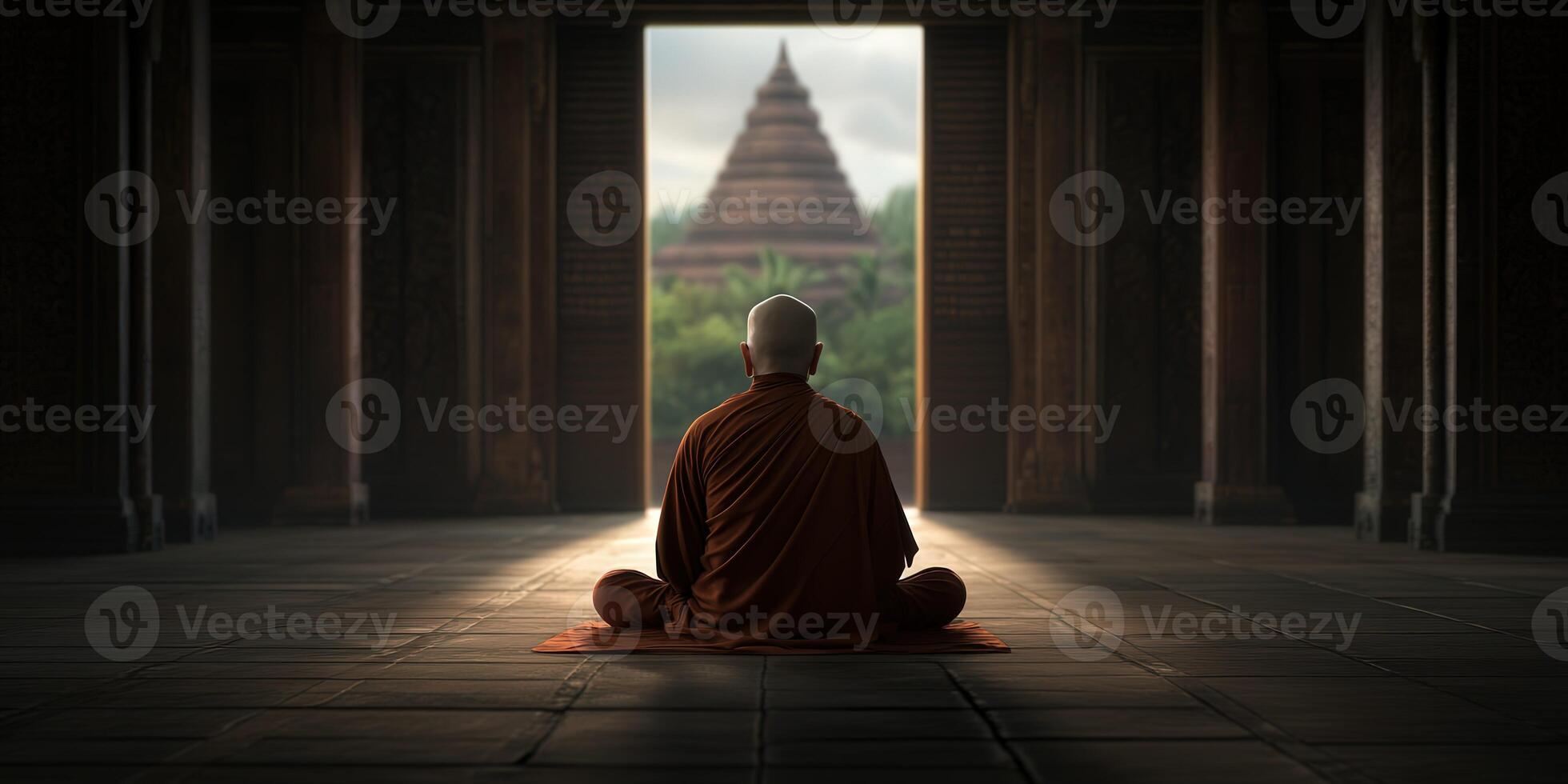 Monk meditating in a serene temple with a beautiful view photo