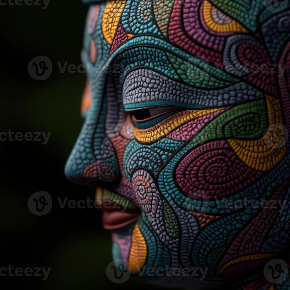 Colorful face sculpture with intricate patterns and details photo