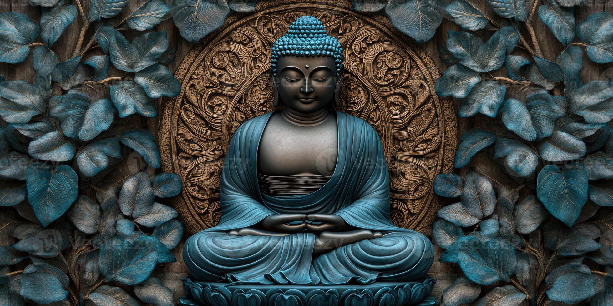 Meditative Buddha surrounded by intricate leaves and patterns photo