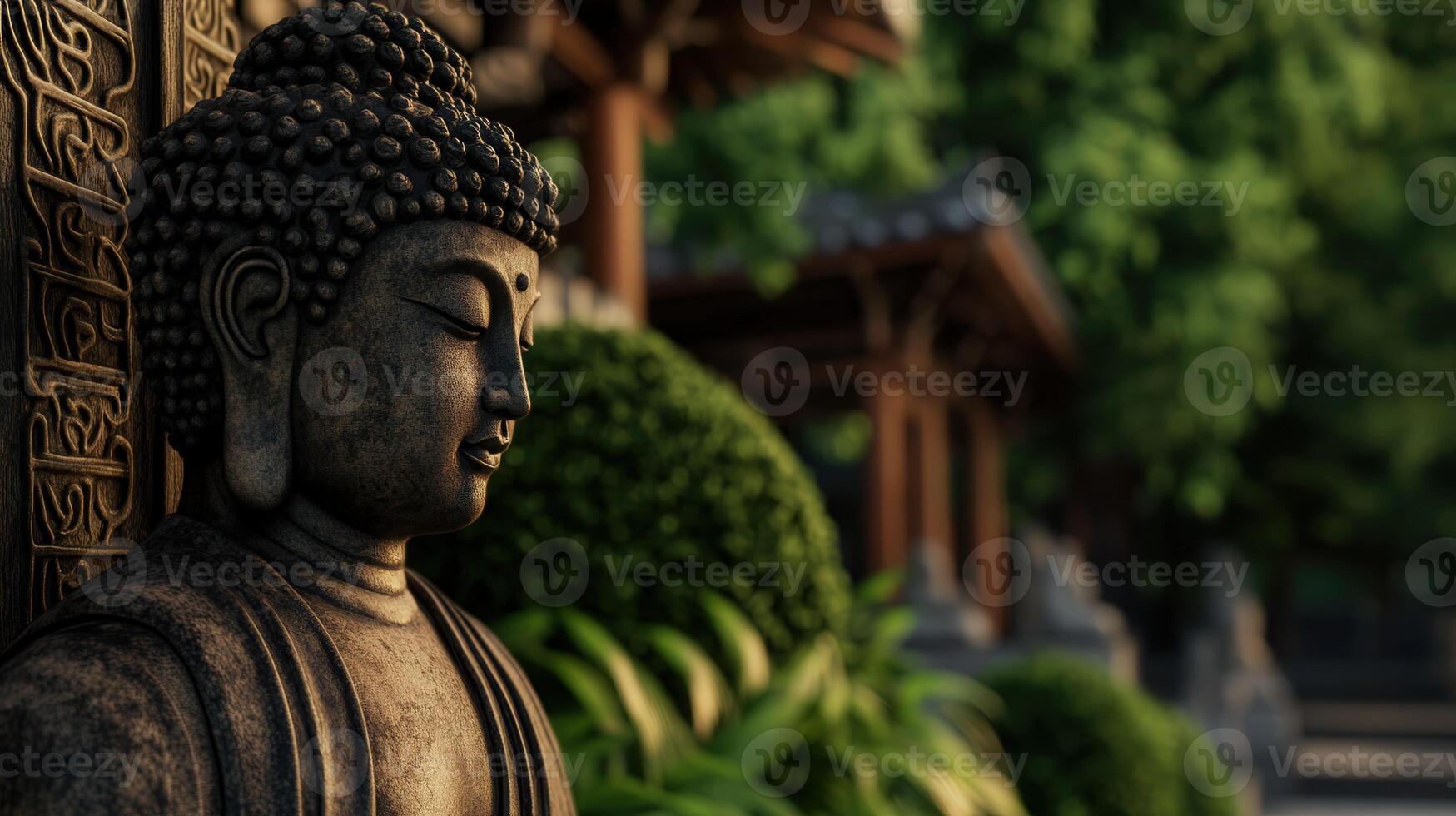 Buddha statue amidst lush greenery in a tranquil garden setting photo