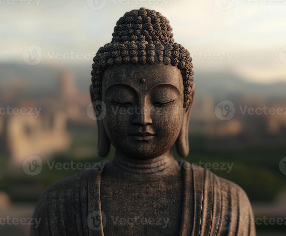 Serene Buddha statue overlooking an ancient landscape at dusk photo